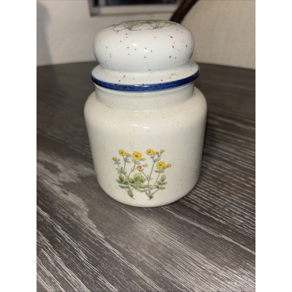 Takahashi Speckled Ceramic Container With Lid Flowers Herbs 5" - Picture 2 of 8